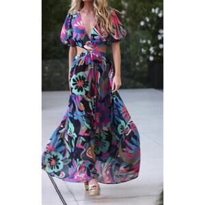 Baltic Born Bastina Open Back Cutout Puff Short Sleeve Maxi Dress Black Pink S